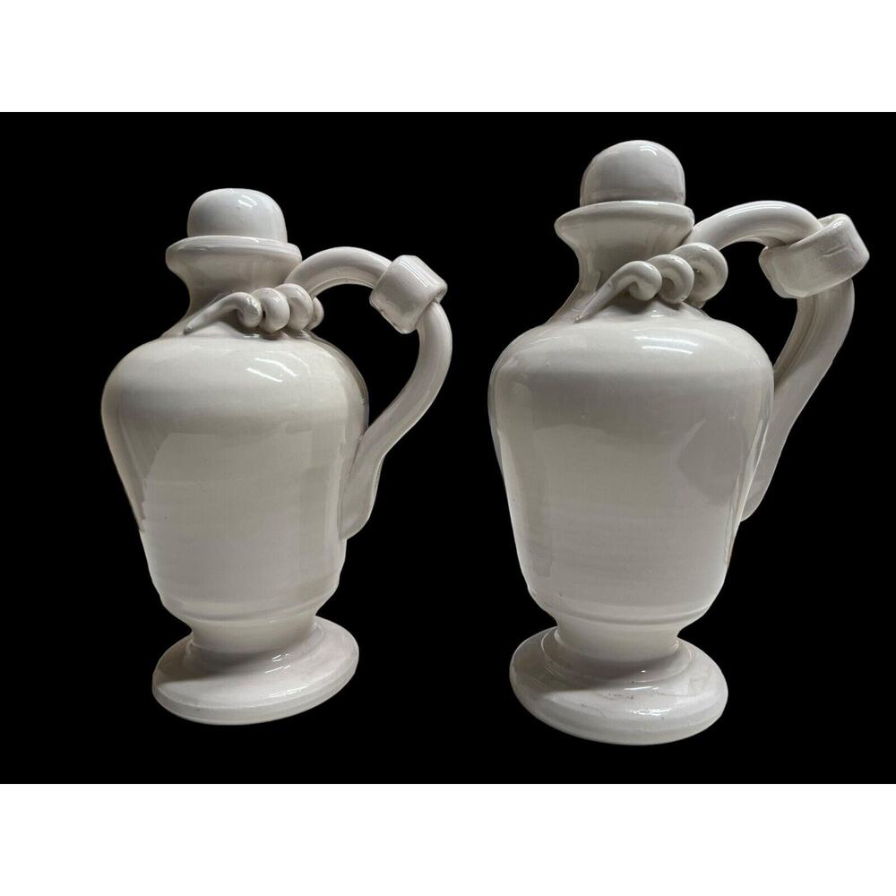 Italian White Ceramic Oil & Vinegar Cruet Set Italy w/ Stoppers